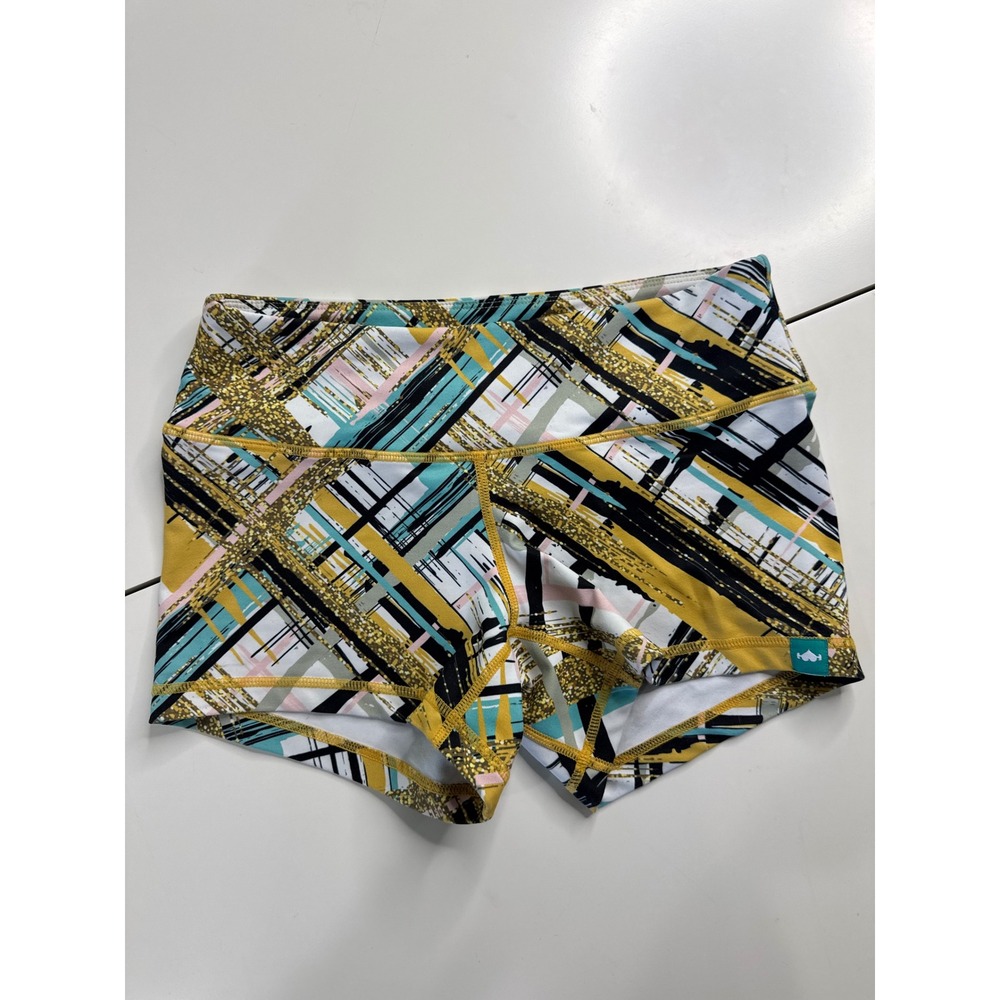 WODBottom Women XS Abstract Geometric Athletic Booty Shorts Yellow Teal CrossFit